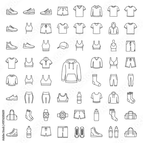 Minimalist sportswear line icons set, 64 fitness apparel and gym clothing vector elements, thin stroke athletic wear and workout gear collection