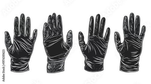 Artistic vector illustration of four black medical gloves shown from the palm side