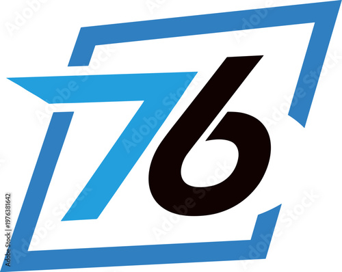 Modern number 76 logo design, dynamic blue and black seventy-six graphic, sporty numerical emblem for racing and automotive branding