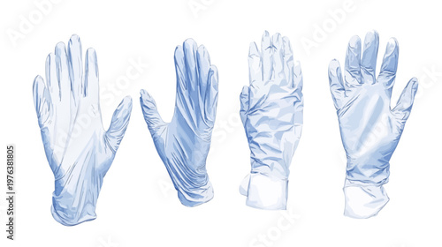 A watercolor illustration of four latex medical gloves in various positions on a white background