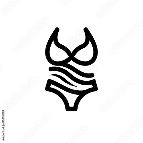 Minimalist swimsuit vector icon, black line art bikini and one-piece swimwear symbol, modern beachwear fashion logo on white background