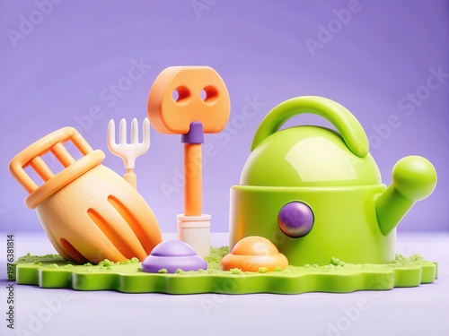 3D Illustration of a Tea Set and Kitchen Utensils