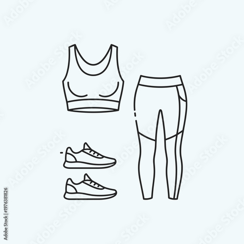Minimalist fitness apparel vector icon set, athletic sports bra and leggings outfit, workout sneakers and gym clothing line art illustration