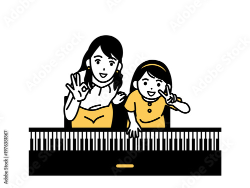 ピアノ講師のレッスンを受ける女の子のイラスト