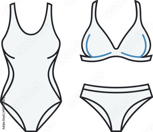 Minimalist swimwear vector icons, white one-piece swimsuit and bikini set, flat line art female beachwear and lingerie illustrations