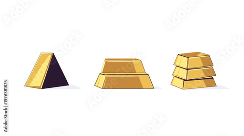 Three arrangements of gold bars, one as a triangle, a single bar, and a stack