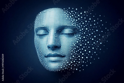 floating human face formed by thousands of micro luminous square pixels, structured and evenly aligned data particles, subtle digital dispersion effect