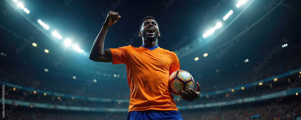 Obraz premium Excited soccer player shouts triumphantly holding ball on stadium. Man in uniform cheers with fist up. Pro athlete celebrates victory after game. Night match with bright spotlights overhead.