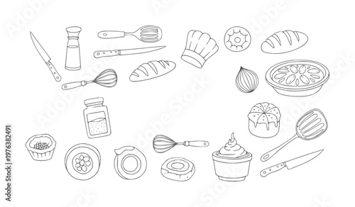 Hand drawn collection of baking ingredients and kitchen tools food
