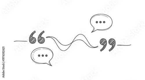 Hand drawn quotation marks and speech bubbles connected by wavy line