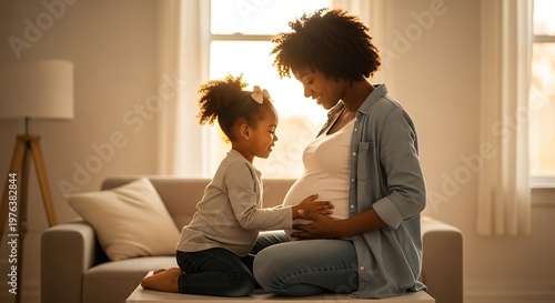 happy pregnant woman and little girl.