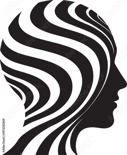 Futuristic Human Head Silhouette with Abstract Topographic Data Lines – Minimalist Monochrome Vector Art