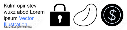 Security, finance, economic transactions, food industry, agricultural trade, wealth. Black and white lock, bean shape and dollar coin icon. Security and finance in minimalistic design