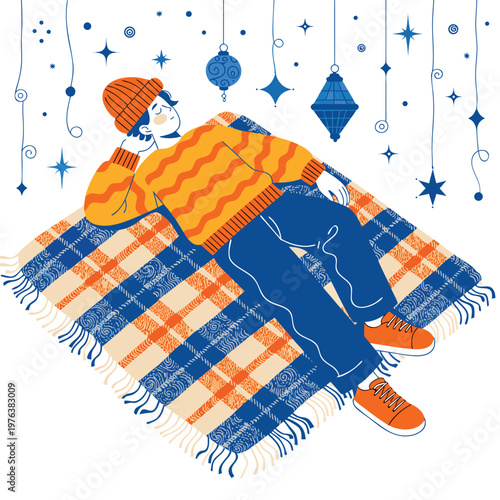 Cozy winter person, snuggled up in blanket, warm clothing, festive decorations