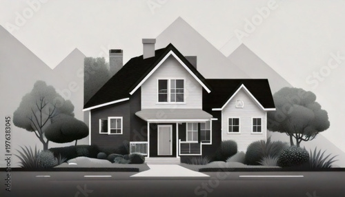 Charming suburban house with trees and mountains in background.