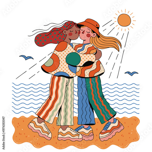 Diverse women hugging, colorful beach illustration, summer vibes, vector art