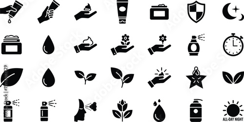 Skincare and natural cosmetic icons set, beauty product application and organic ingredient symbols
