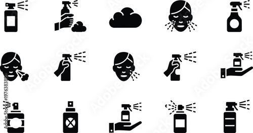 Cosmetic and skincare spray icons set, facial mist application and protection symbols, cosmetic