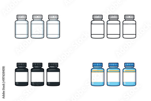 Healthcare routine context shown by identical medicine bottles arranged in a straight horizontal row, same cylindrical bodies and