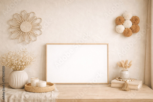 blank frame mockup on wooden table in boho interior with decor