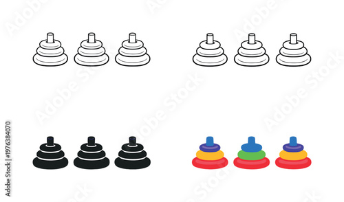 Preschool environment context shown by identical stacking rings arranged in a straight horizontal row, same circular sizes and