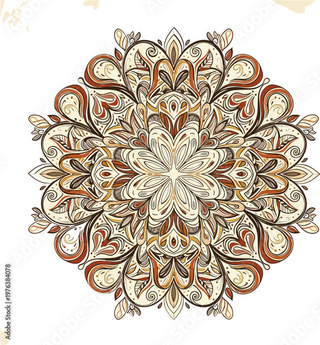 Vintage ornamental mandala vector, intricate bohemian floral pattern in earth tones, elegant circular henna lace design for meditation and wellness
