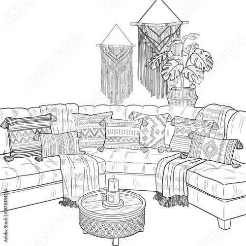 Bohemian living room interior line art, cozy sofa with macrame wall hangings and patterned pillows, hand drawn boho home decor coloring page vector