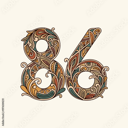Vintage number 86 with floral zentangle patterns, decorative eighty-six numeral vector, ornate bohemian typography for anniversary or birthday