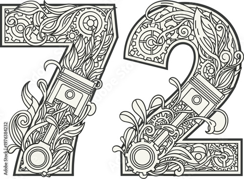 Steampunk number 72 vector illustration, industrial mechanical engine parts and gears, decorative floral filigree coloring page for adults