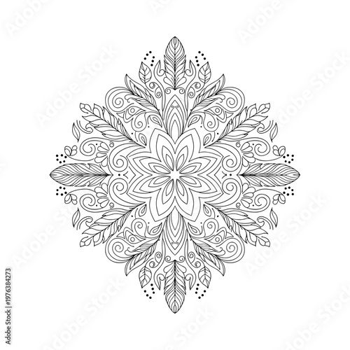 Intricate mandala coloring page vector, bohemian floral circular ornament with feathers, symmetrical ethnic line art for meditation and stress relief