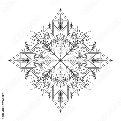 Sacred geometry mandala vector, mystical bohemian line art illustration, symmetrical tribal tattoo design, spiritual occult symbol for coloring
