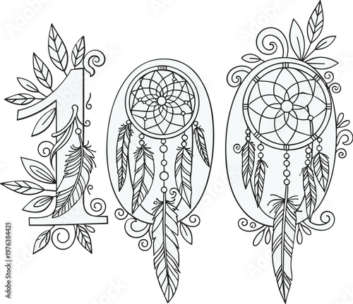 Boho number 100 with dreamcatchers and feathers, decorative floral line art for anniversary coloring page, tribal ethnic vector illustration