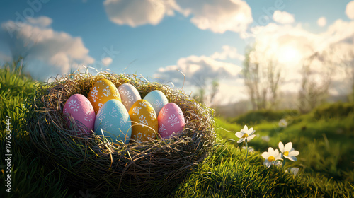 A charming birds cradles beautifully decorated Easter eggs, bathed in the warm glow of sunlight on a vibrant sp day against a backdrop of blooming daisies.