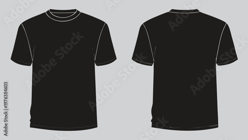 A vector graphic illustration of a black t-shirt with a crew neck and short sleeves, shown from both the front and back on a gray background.