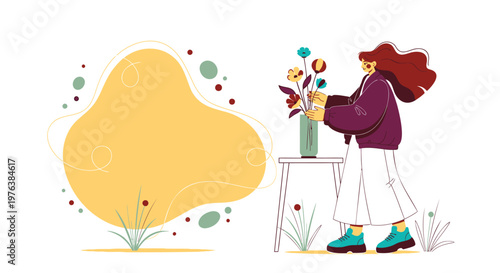 Colorful illustration of woman arranging flowers, floral design, decorative vase, modern style vector graphic