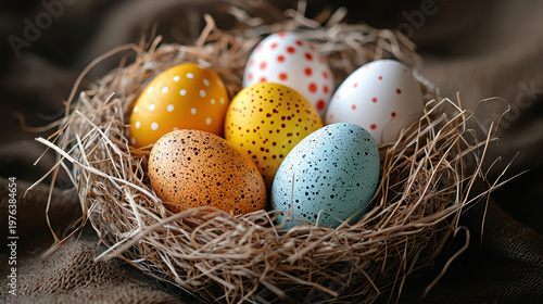 Vibrant polka-dotted Easter eggs in various colors led within a natural straw create a festive and charming sptime holiday celebration display.