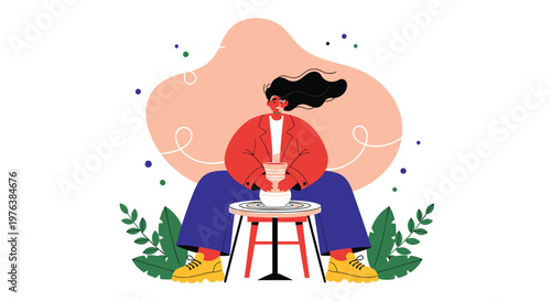 Vector illustration of woman sitting with coffee cup, casual relaxed style, colorful vibrant design, modern minimalist aesthetic