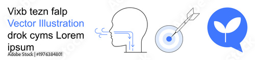 Health, personal growth, focus, achievement, goal setting, sustainability. Abstract icons of airflow through the lungs, a target with an arrow and a sprouting plant. Health and personal growth