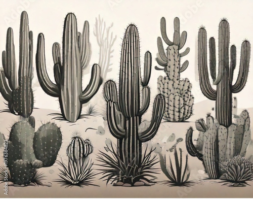 Diverse collection of desert cacti in a row.