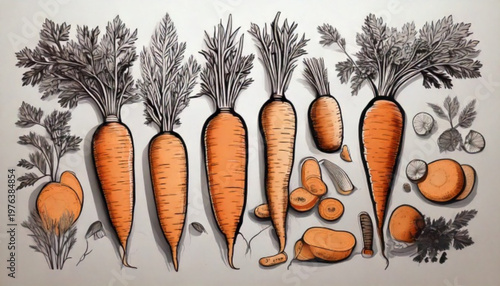 Freshly Harvested Carrots Displayed in Artistic Illustration.