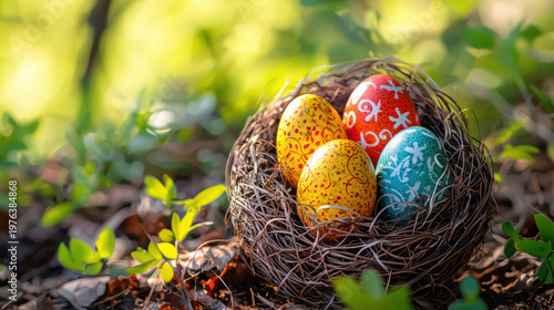 Decorative Easter eggs with hand painted designs rest inside a natural bird led amongst green foliage on a sunny sp day in a garden setting outdoors.