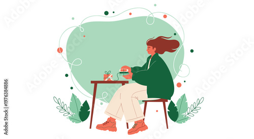 Woman sitting, drinking coffee, minimalist illustration, green background, modern style