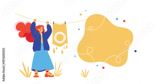 Colorful illustration of a woman hanging laundry, vector graphic, modern design, daily life scene