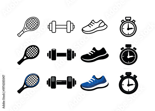 Icon object one for tennis racket, icon object two for dumbbell, icon object three for running shoe, and icon object four for