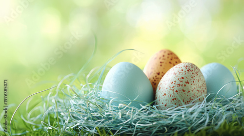 A small of decorative grass holds speckled and pastel colored eggs, presenting a cheerful and festive scene of sptime and Easter celebration.