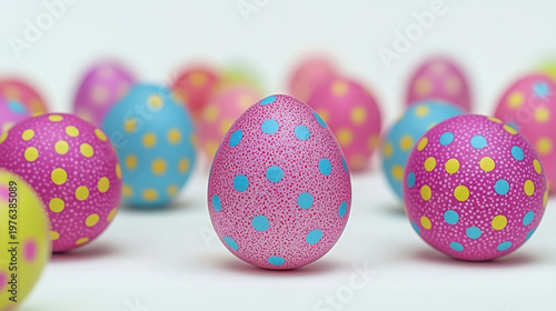 Colorful polka dot Easter eggs in pink, blue, and yellow are artfully arranged on a clean white background, evoking a festive sp holiday celebration.