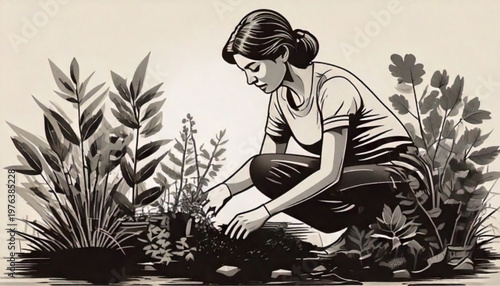 Woman tending to plants in a garden with care and dedication.