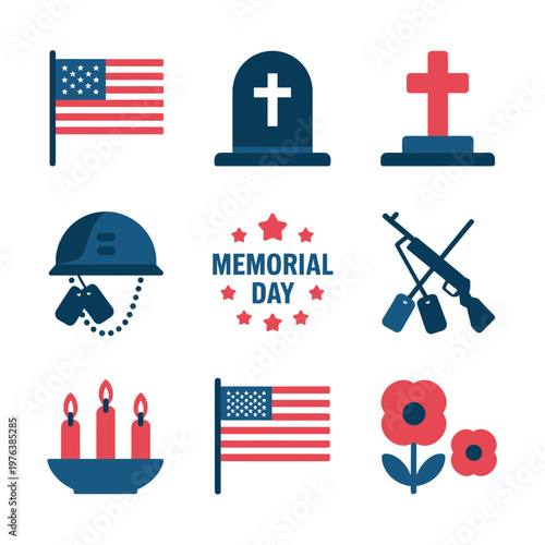 Patriotic Memorial Day illustration set, American flags, tombstones and flowers icons for remembrance tribute and national celebration design.