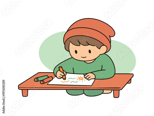 Warm child draws with crayons on paper at a low table as colors spread gently and the room stays calm during quiet playtime today