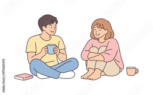 Two friends enjoying shared time together in relaxed posture, seated comfortably with minimal props emphasizing simplicity and